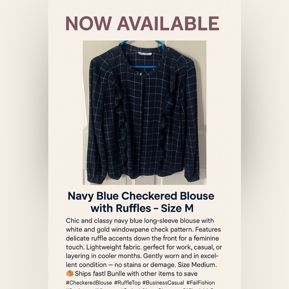 NWOT/ Navy Blue Checkered Blouse with Ruffles – Size M Sonoma - Picture 9 of 10